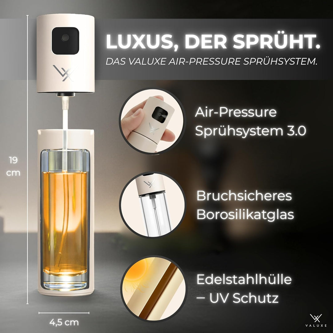 VALUXE® Ölsprüher für Speiseöl & Essig mit UV-Edelstahlmantel & Sprühfilter - Edelstahl Öl-Sprühflas