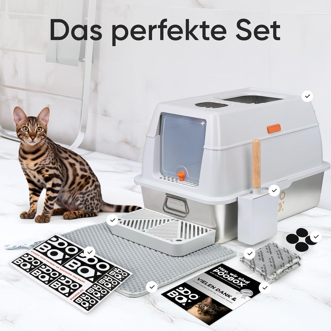 Katzenklo Edelstahl mit Deckel auslaufsicher | 3-in-1 Katzentoilette geschlossen offen | inkl Geruch