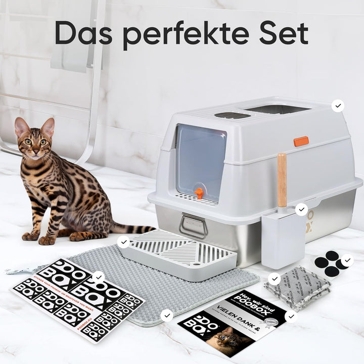 Katzenklo Edelstahl mit Deckel auslaufsicher | 3-in-1 Katzentoilette geschlossen offen | inkl Geruch