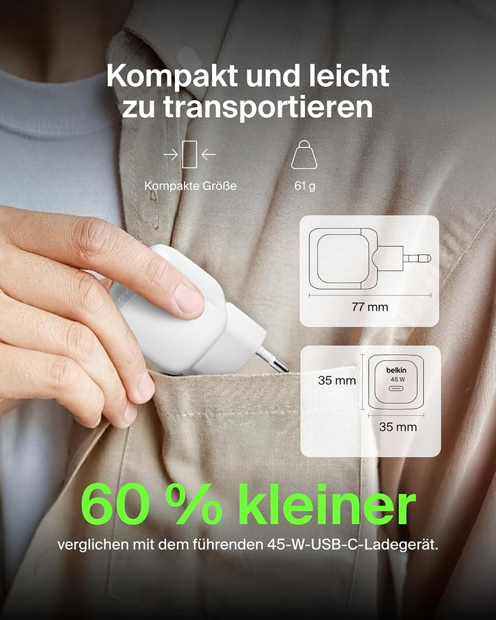 Belkin BoostCharge Chargeur secteur compact 45 W, USB-C PD, Recharge Rapide, Pour Tous Les modèles d