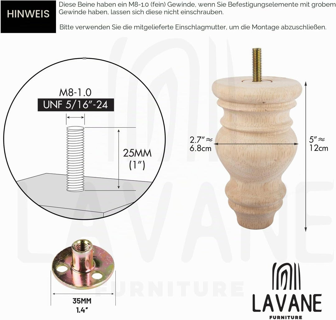 LA VANE 4 Stück Möbelfüsse aus Massivholz - 12cm Höhe, Unlackiert, Spindelform mit M8 Bolzen & Monta