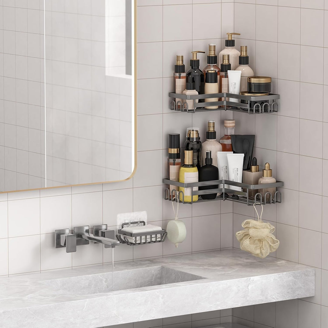 3 Stück Duschablage ohne Bohren, Duschablage Ecke mit Haken, Badezimmer Organizer, Shampoo Halterung