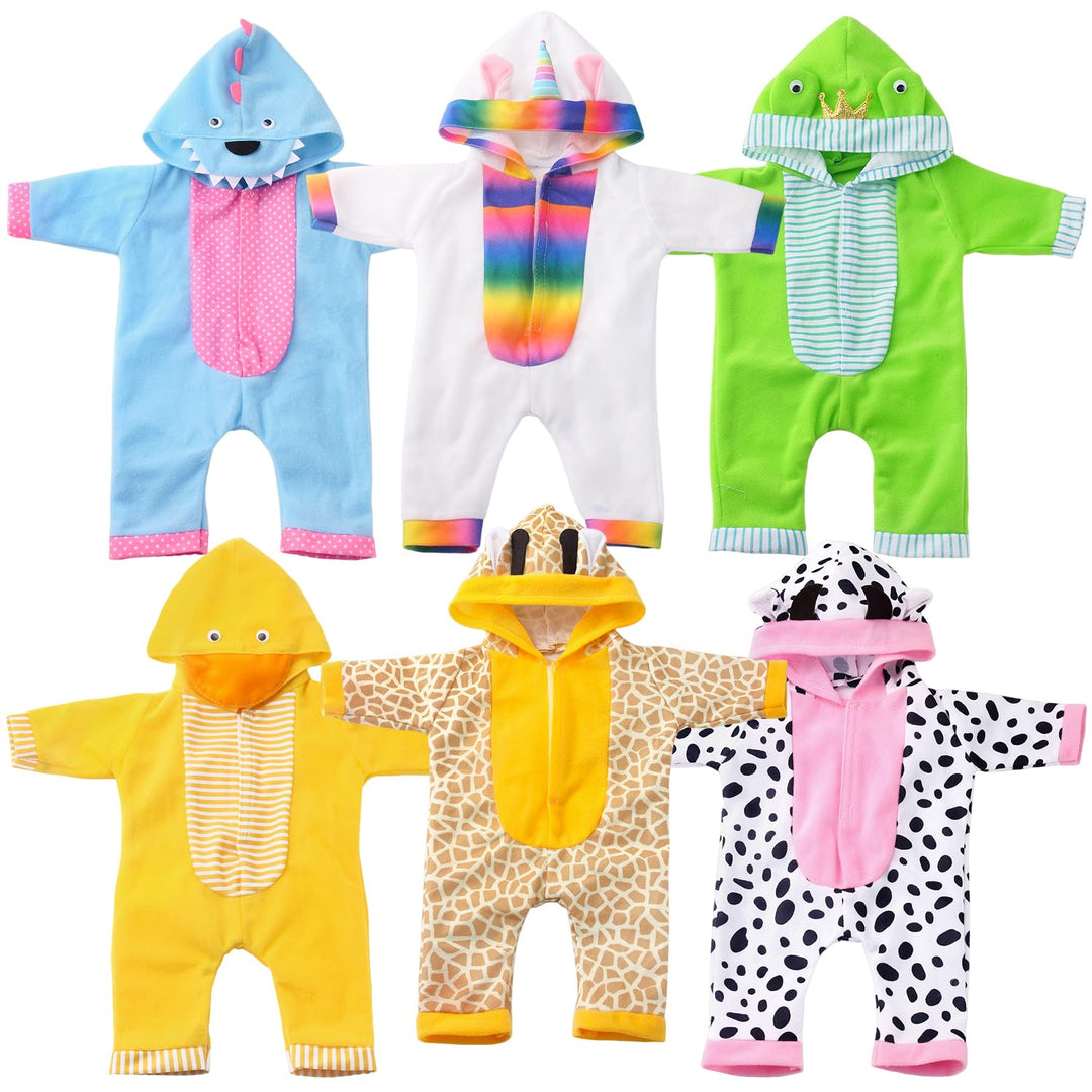 6 Sätze Tierkostüm Puppenbekleidung für 40-45cm (16-18 Zoll) Puppen (mit Dinosauriern, Einhornen, Fr