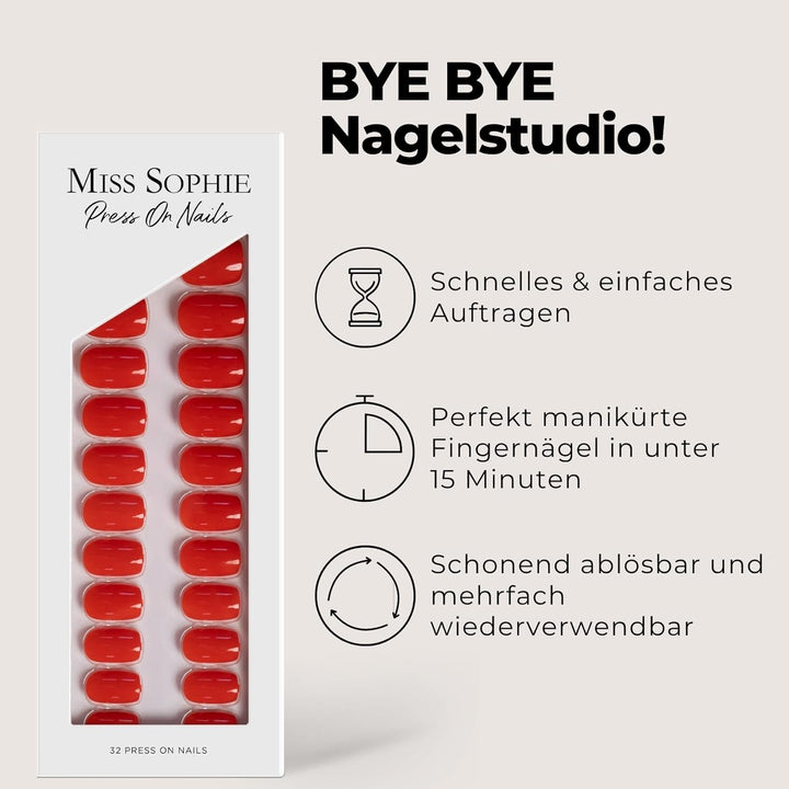Original Miss Sophie Press On Nails | 32 Stück | Lipstick Red | Short Square | Für Fingernägel 1 stü