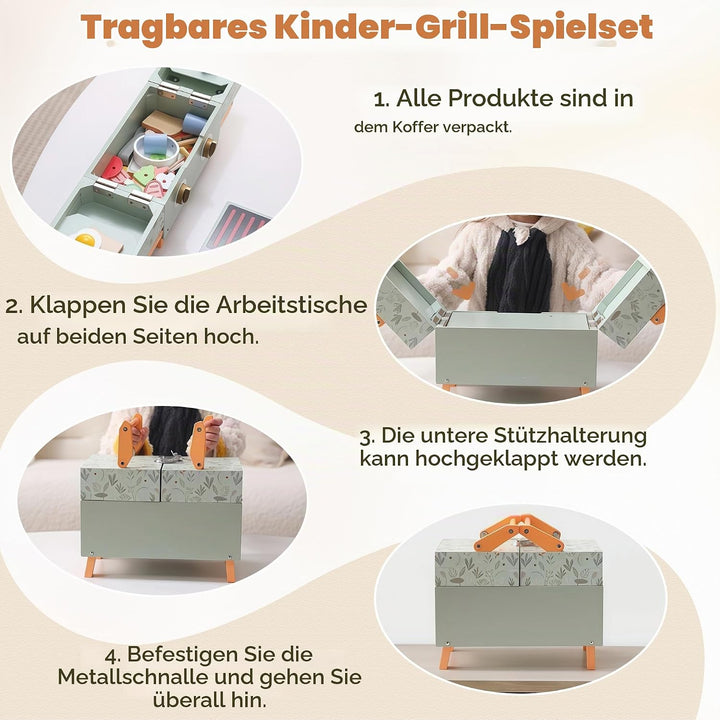 Grillset Kinderküche Spielküche Zubehör Holz, Faltbare Küchenspielzeug ab 3 Jahre, Lebensmittel Spie
