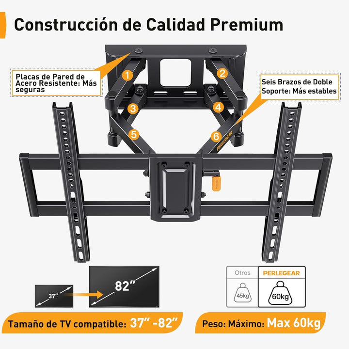 Perlegear TV Wandhalterung Schwenkbar, Ausziehbare Neigbare TV Halterung für 37-82 Zoll Flach & Curv