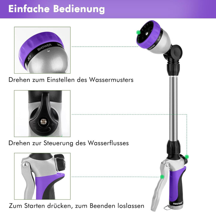 RESTMO Garten Giessstab Metall, 42cm Lang Gartenbrause mit Stiel, 180° schwenkbaren Kopf Stabbrause