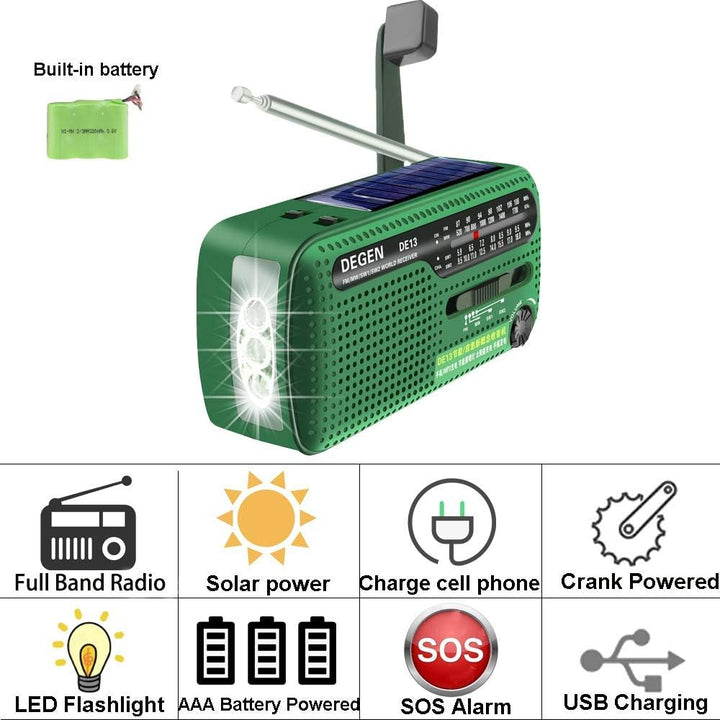 Degen DE13 Cranked Solar FM AM SW Receiver with Flashlight/SOS Alarm/Rechargeable Cell Phone for Eme