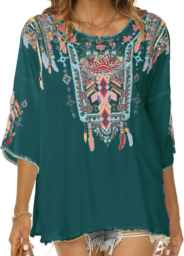 Vakakado Boho Stickerei Bluse Hippie Kleidung Damen 70er 80er Jahre Bekleidung Bohemian Folklore Bes