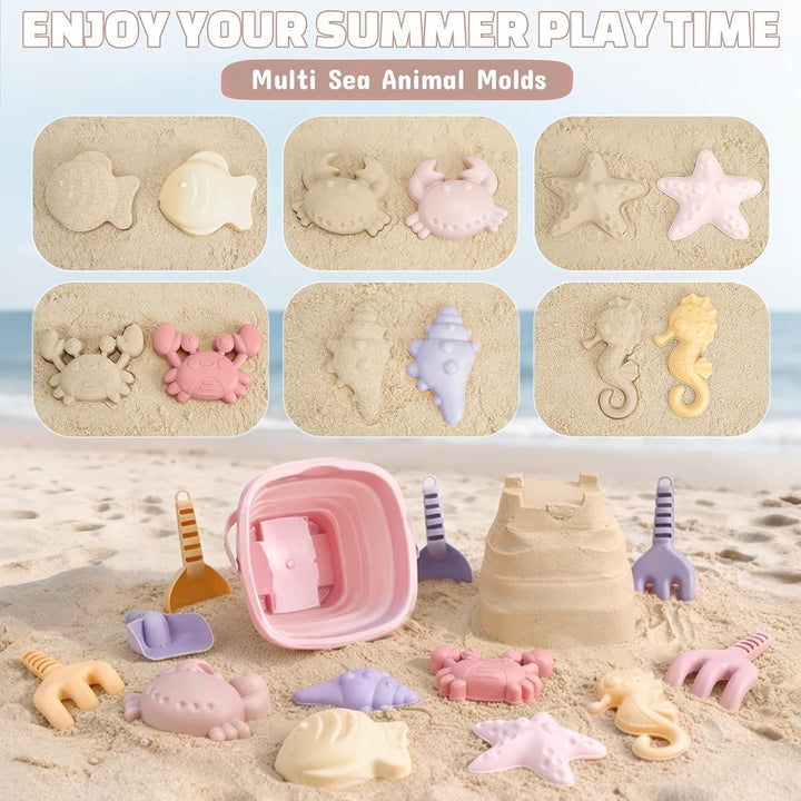 Dreamon Sandspielzeug Strandspielzeug Kinder, 18 PCS Reise Sandspielzeug mit Faltbarer Eimer, Sandka