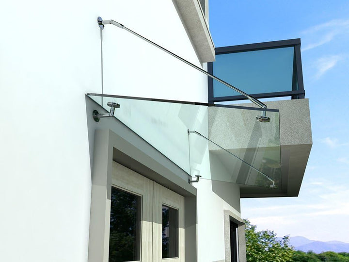 Shop Vordach Glasvordach Türvordach Verbundsicherheitsglas Klarglas VSG Edelstahl (120x90cm (2X Stb-
