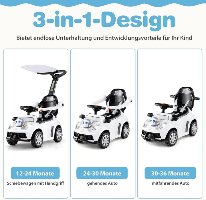 DREAMADE Kinder Rutschauto, 3 in 1 Schiebeauto mit abnehmbarem Verdeck, Sicherheitsgurt & Stauraum,