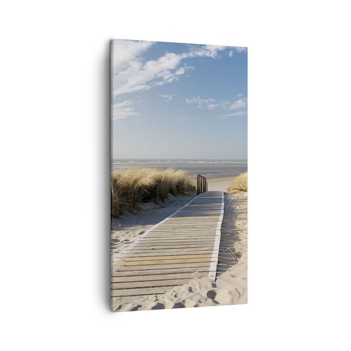 Bilder auf Leinwand Strand Meer Fussgängerbrücke Ufer Leinwandbild mit Rahmen 45x80cm Wandbilder Dek
