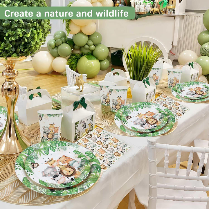 100pcs Dschungel Safari Partygeschirr Set für 25 Gäste, wiederverwendbare Pappteller Tassen Serviett