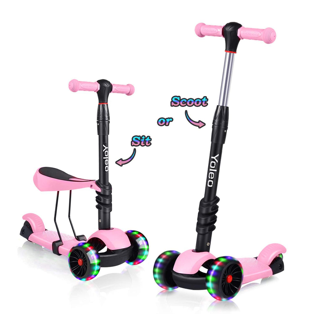 YOLEO 3-in-1 Kinder Roller Scooter mit Abnehmbarem Sitz, LED grosse Räder, Höheverstellbare Lenker f