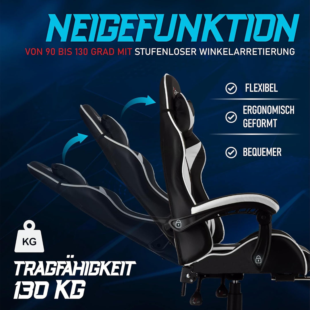 xRace Gaming-Stuhl Hoher Drehstuhl aus Leder mit Lendenwirbelstütze, Kopfstütze und Fussstütze, vers