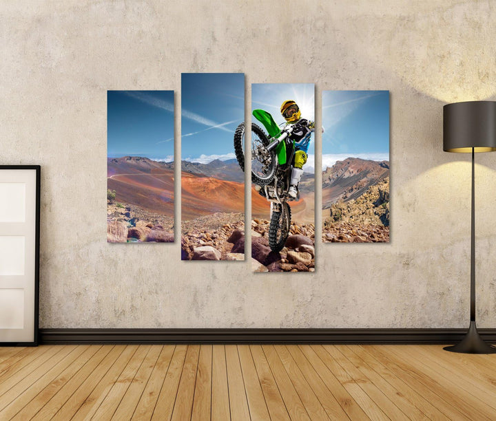 islandburner, Bild auf Leinwand Professioneller Dirt-Bike-Fahrer, der auf Vulkan rollt. Wandbild Pos