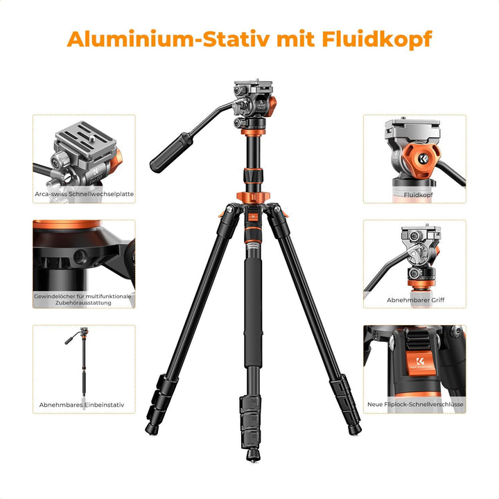 Kamera Stativ,K&F Concept Videostativ Video Tripod mit Fluidkopf,200cm Kamera Stativ, Tripod für unt