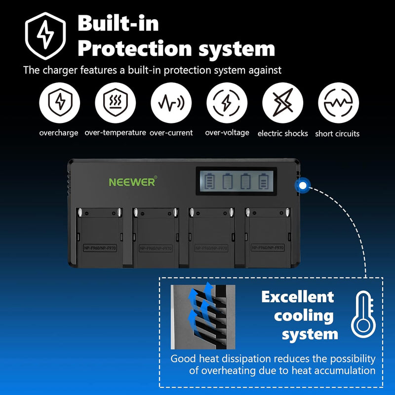 NEEWER 4-Kanal-NP-F-Akkuladegerät mit LCD-Display, kompatibel mit Sony NP-F550 F570 F750 F770 F930 F