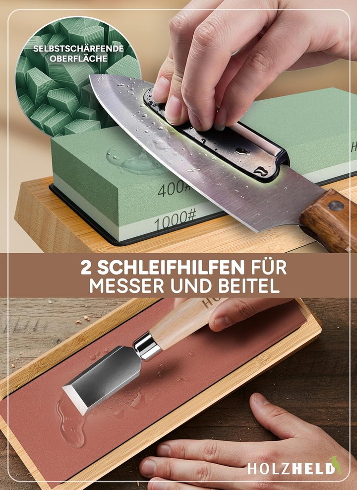 Schleifstein - Schärfen von Messer, Werkzeug und Stechbeitel inkl. Schleifhilfe - Profi Messerschlei