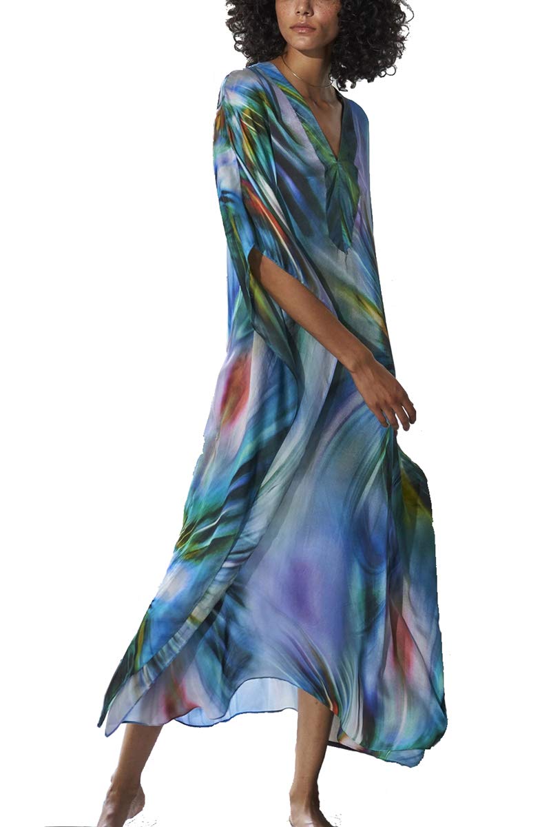 YouKD Damen Sommer Bohemian Lang Kaftan Ethnisches Muster Maxikleid Beach Bikini Cover Ups Sunblocke