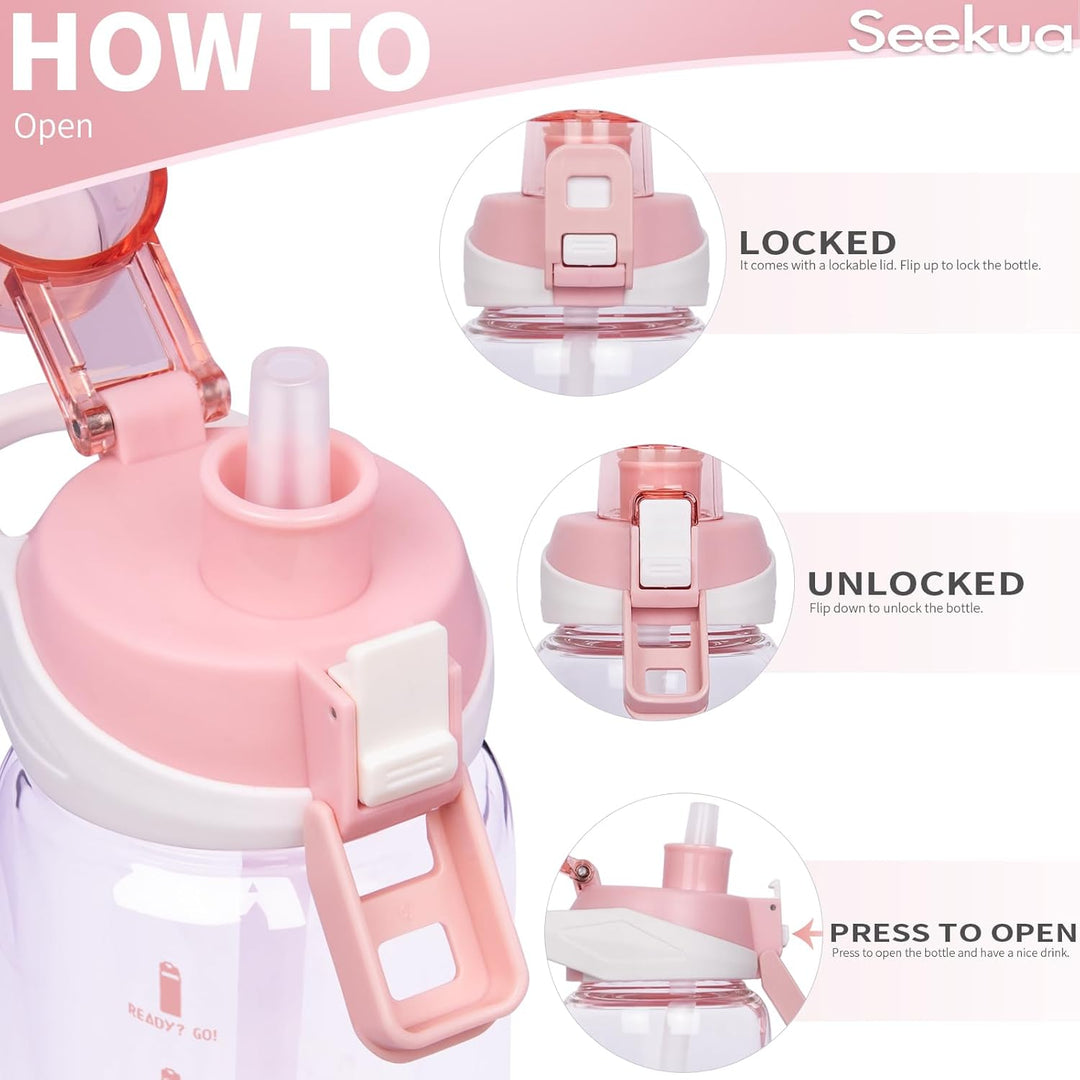 Seekua 0.6l Sport Trinkflasche Glas Flasche mit Strohhalm & Zeitmarkierung für Kinder, Schule 600ml