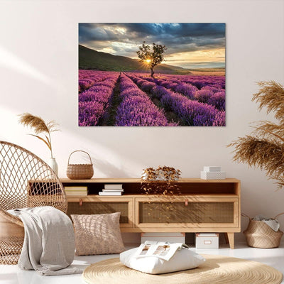 Bilder auf Leinwand 100x70cm Leinwandbild mit Rahmen Lavendel Berge Feld Gross Wanddeko Bild Schlafz