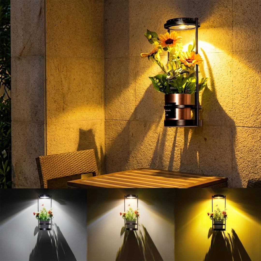Solare Blumenständer mit LED Pflanzenlicht, IP44 Wassergeschütztes Metall Pflanzenständer Outdoor, 3