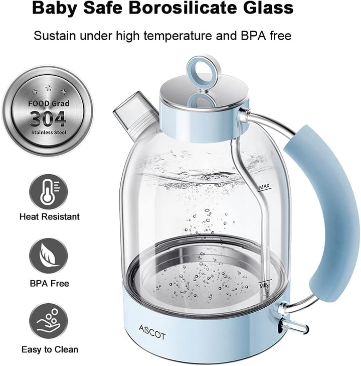 ASCOT Wasserkocher Glas, Elektrischer Wasserkocher Geschenke für Männer/Frauen/Familie 1,5L, Retro L