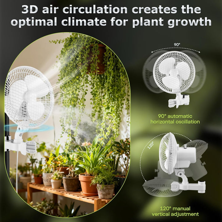 Grow Ventilator mit Clip, 20W Oszillierender Lüfter mit 2-Geschwindigkeiten, 1.5m Kabel, 20cm Durchm
