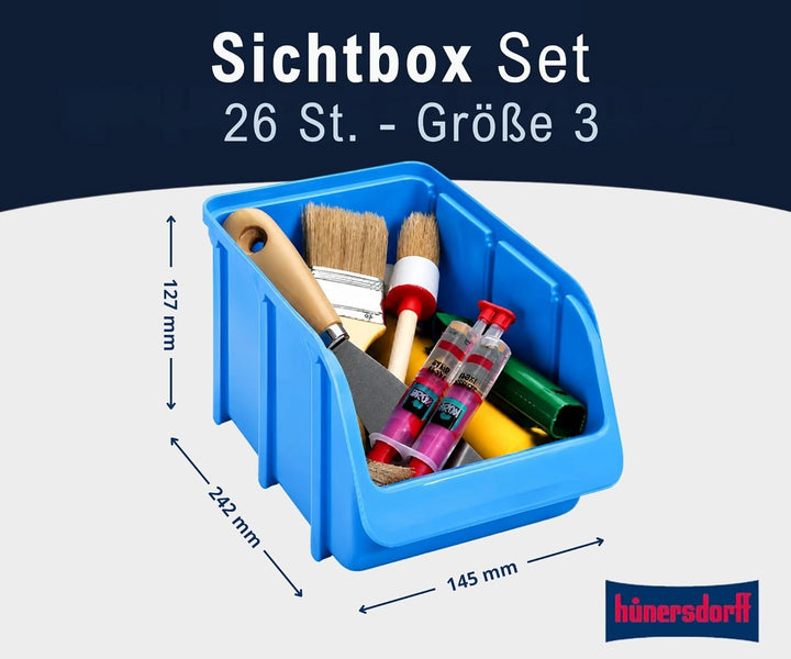 Hünersdorff 26x Sichtbox Stapelbox Lagerbox in Grösse 3, aus Polystyrol, hohe Formstabilität und Bel