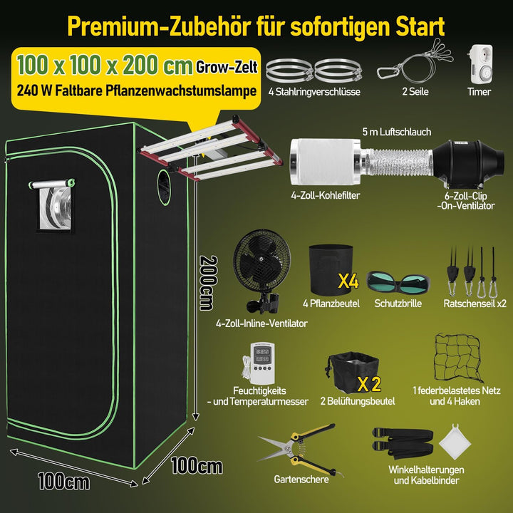 Growzelt Komplettset 100x100x200cm, 240W Faltbar LED Grow Lampe, Belüftungssystem mit Aktivkohlefilt