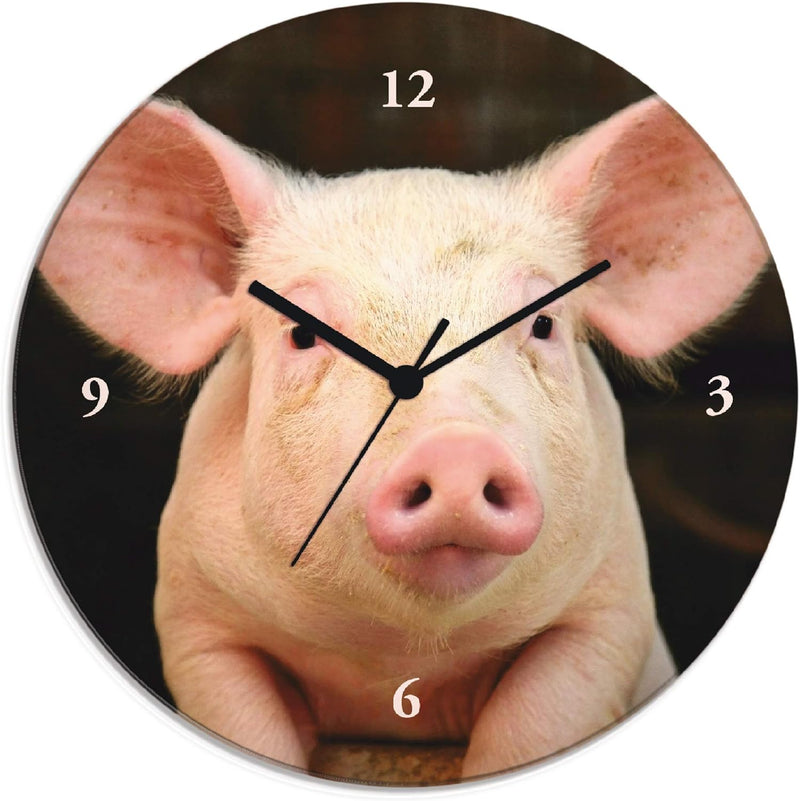 ARTLAND Wanduhr ohne Tickgeräusche Glas Quarzuhr Ø 30 cm Rund Lautlos Tiere Schwein Lustig Hipster A