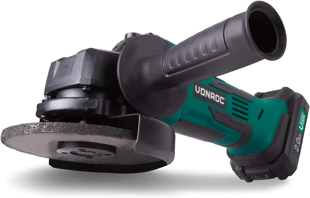 VONROC Akku-Winkelschleifer VPower 20V, 2.0Ah - 115mm - Komplettset mit Akku, Schnellladegerät, Seit