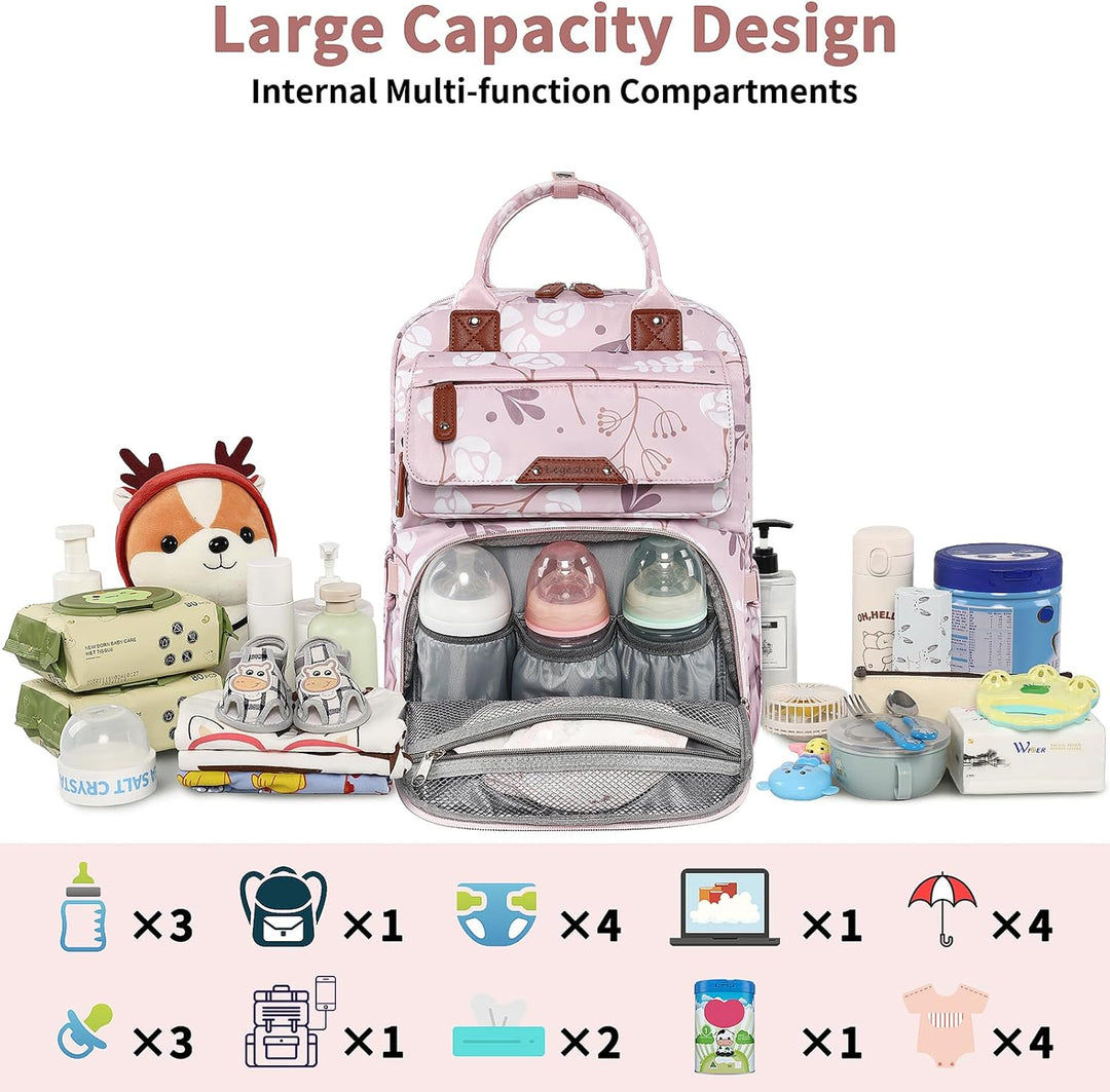 Legestori Diaper Bag Backpack, Baby Girl Diaper Bag with Insulated Pockets and Stroller Straps L-pin