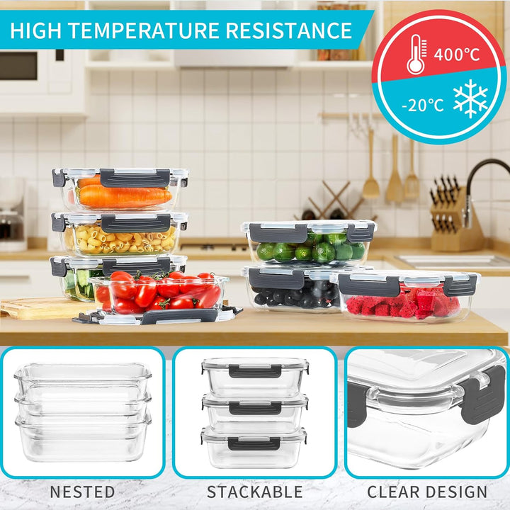 Skroam Glas-Frischhaltedosen 20 Stück 640ml [10 Behälter + 10 Deckel] - Meal Prep Boxen für Lebensmi