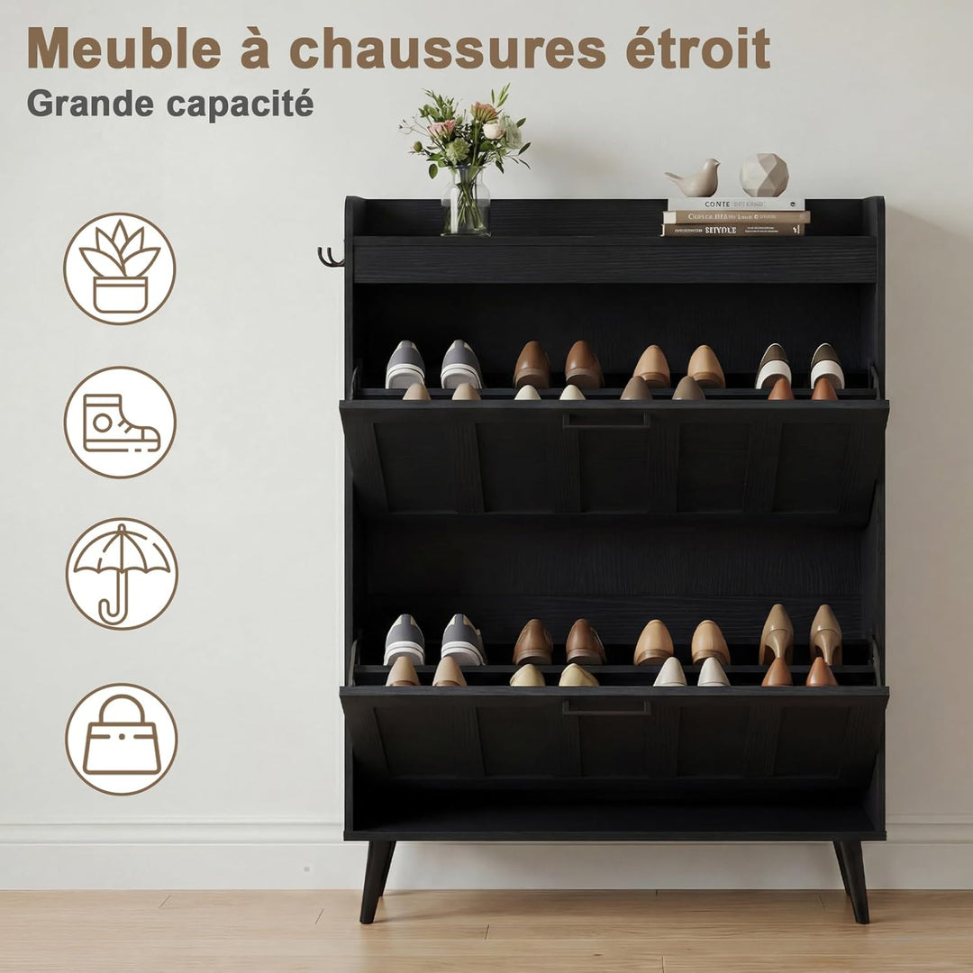 Schuhschrank Schmal mit 2 Klappschubladen, Landhausstil Schuhaufbewahrung für Flur Wohnzimmer, Kipps