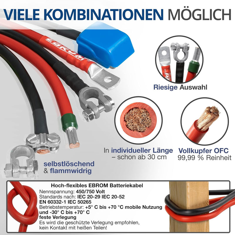 EBROM HI-FLEX Batteriekabel hochflexibel rot + schwarz 12V 24V 36V, 30cm bis 5m, 16 mm² Stromstärken