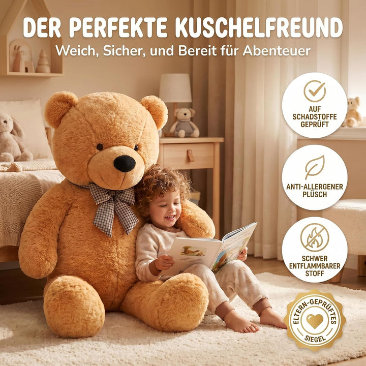 Feluna Riesen Teddybär XXL Kuschelbär 120 cm gross Plüschbär - Original Teddy Bär mit Schleife Hellb