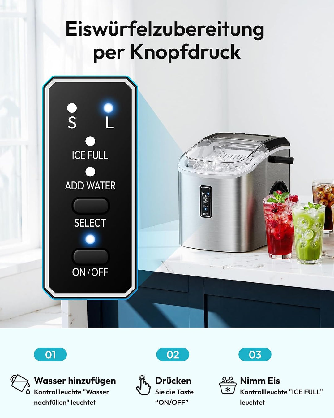 EUHOMY Eiswürfelmaschine Klein, 9 Würfel in 6 Minuten Bereit, 12 Kg/Day, Selbstreinigend, Tragbare E