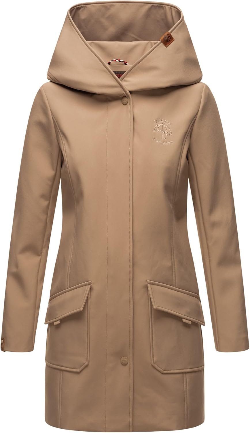 MARIKOO Damen Softshell Jacke Winterjacke wasserabweisend Outdoor lang B856 XS Taupe, XS Taupe