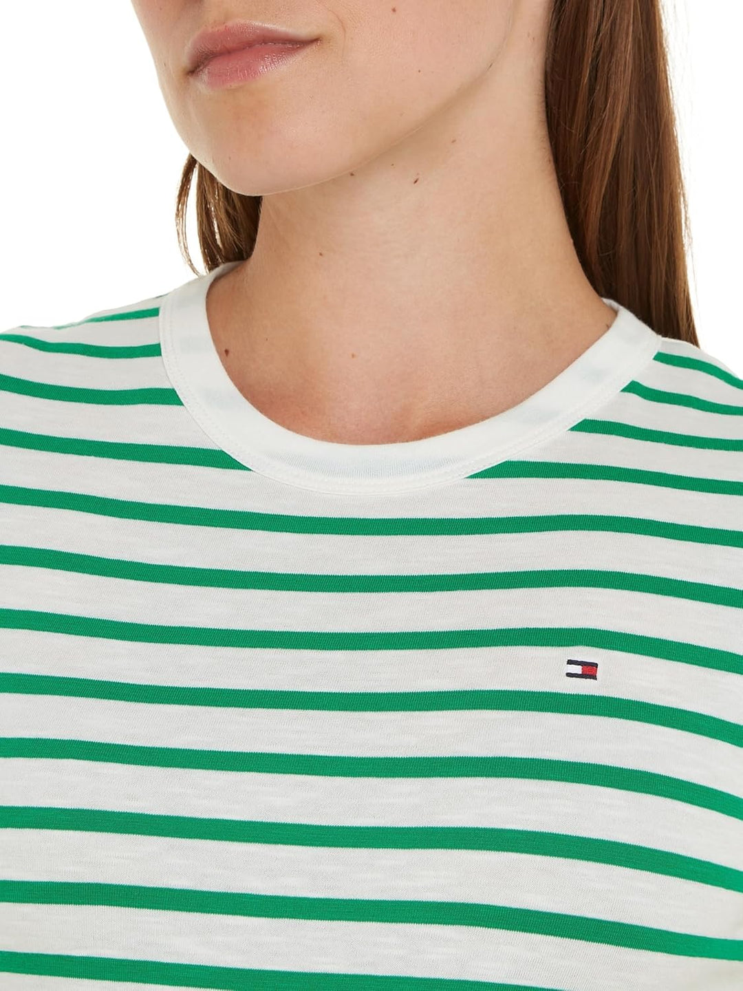 Tommy Hilfiger Damen T-Shirt Kurzarm 1985 Slub Slim Fit XL Grün (Breton Ecru/Olympic Green), XL Grün