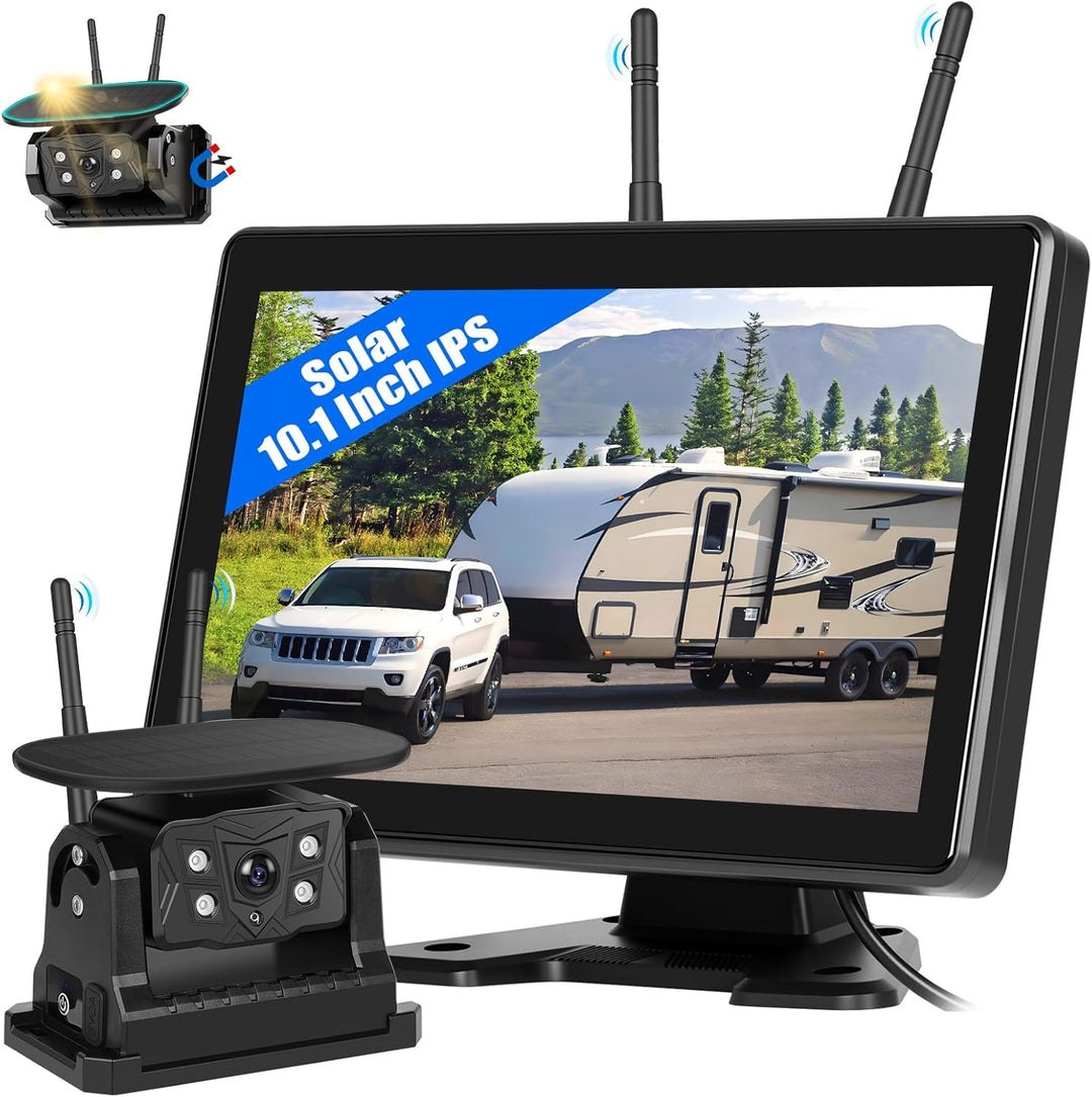 CAMECHO [Solar] Rückfahrkamera Kabellos mit 10.1 Zoll Monitor Touchscreen, 10000 mAh Magnetische 720