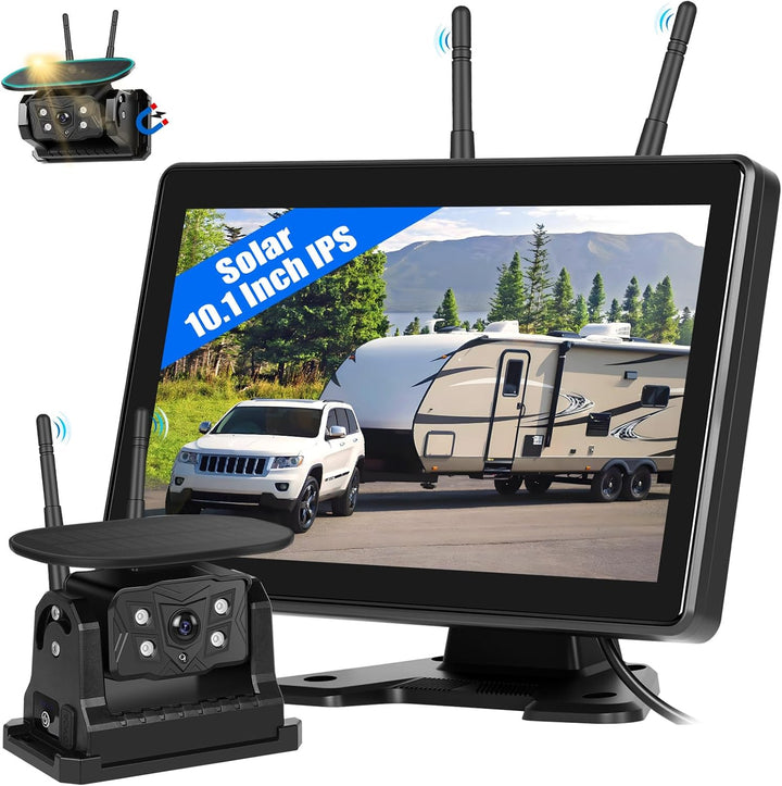 CAMECHO [Solar] Rückfahrkamera Kabellos mit 10.1 Zoll Monitor Touchscreen, 10000 mAh Magnetische 720