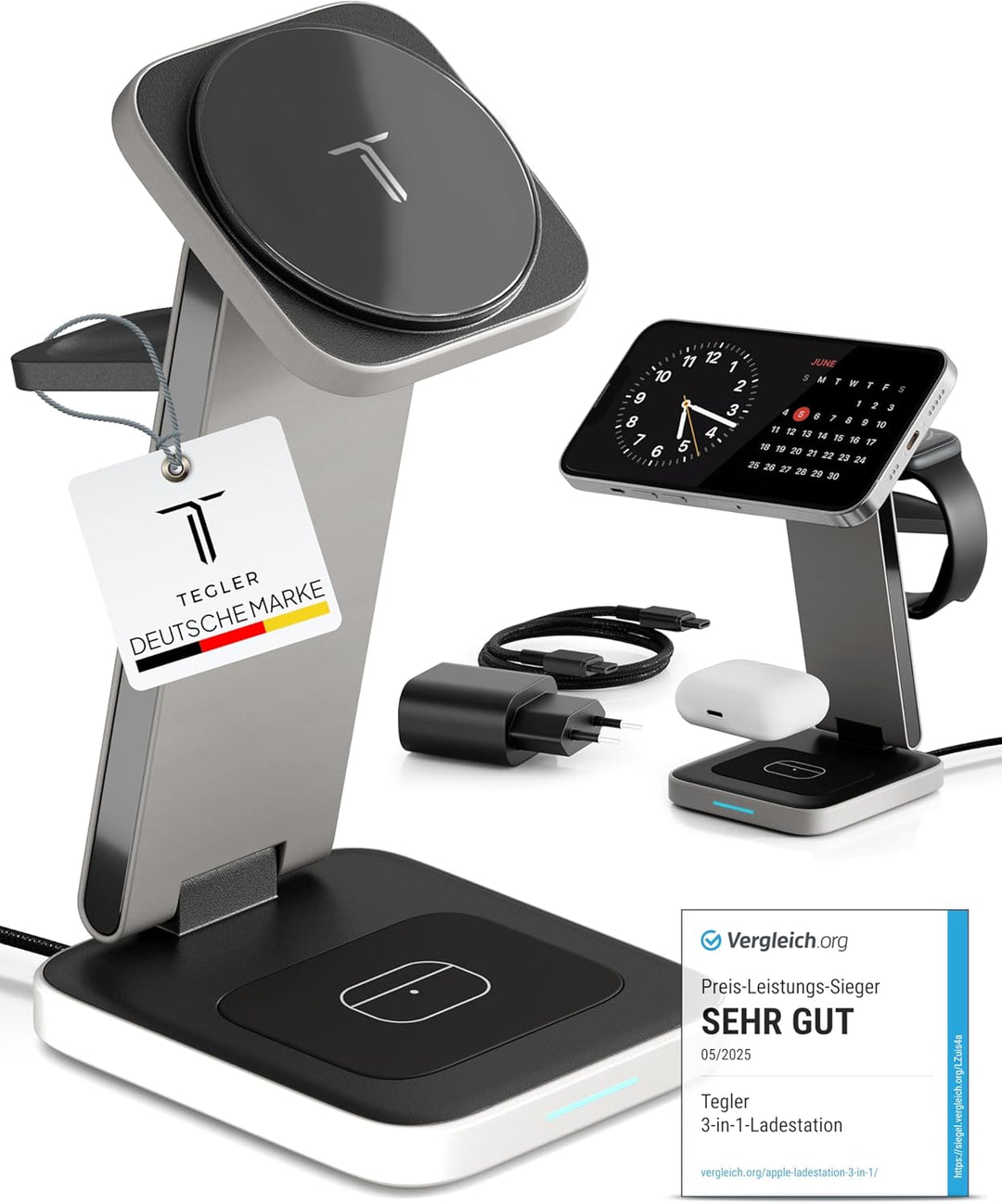 3-in-1 MagSafe Ladegerät – hochwertiges Aluminium – Kabelloses Ladegerät für iPhone, Apple Watch und