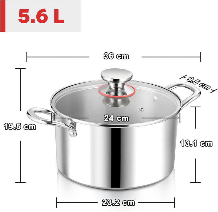 Herogo Kochtopf, Edelstahl Kochtopf Induktion mit Glasdeckel, Ø 24 cm/ 5,6 L Suppentopf Fleischtopf