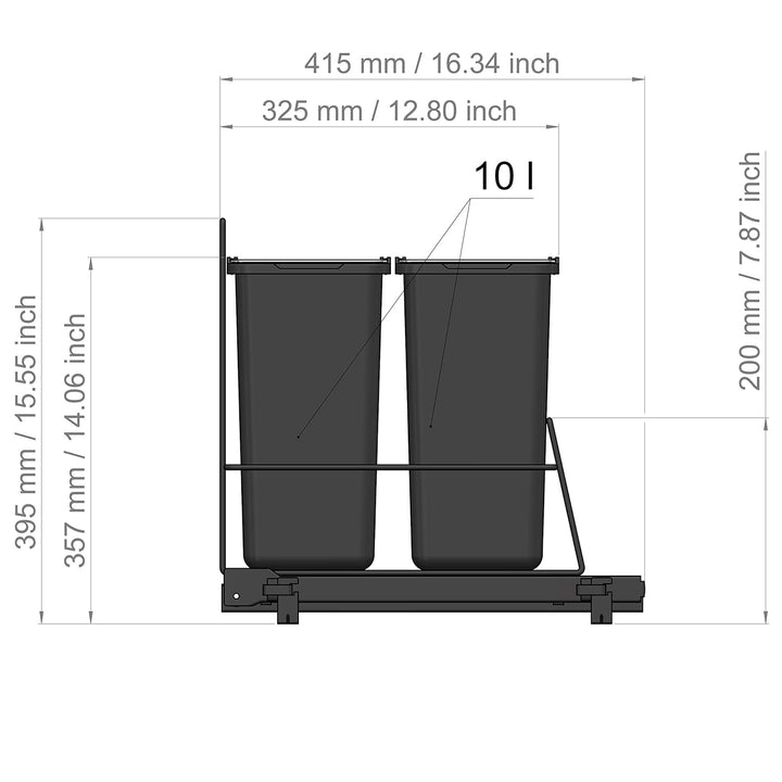 LM 62/2 Einbau Mülleimer ausziehbar mit 2x10L Abfalleimer Korbauszug Anthrazit 25,8x41,4x39,5 cm - a