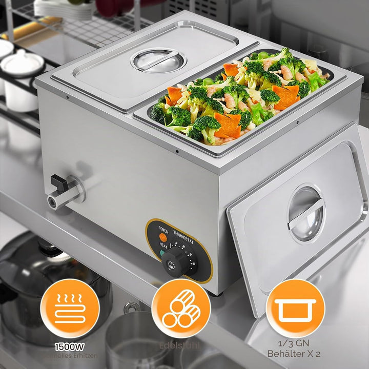 Elektrische Speisenwärmer Bain Marie Gastro GN-Behältern 1/3 * 2 Warmhalter Edelstahl mit Ablaufhahn