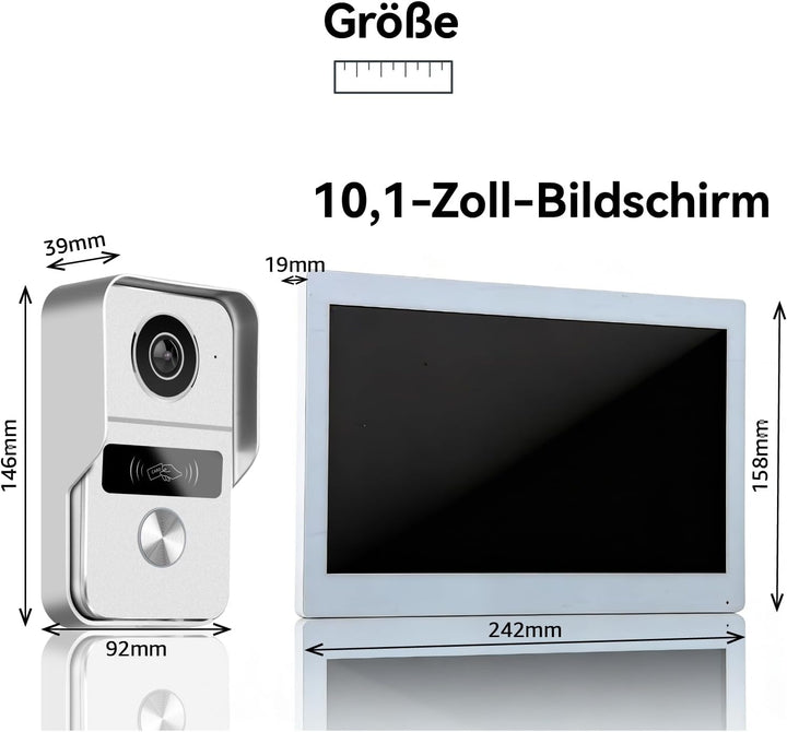 Video-Türsprechanlagen 1080P, 10.1 Zoll Farb Touchscreen Monitor, 2-Draht VideoTürklingel, Zwei-Wege