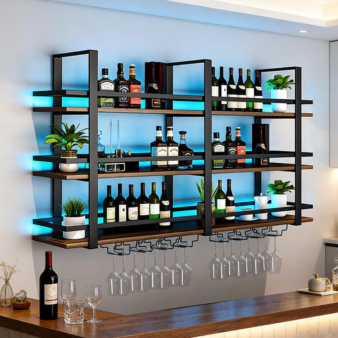 Weinregal Wand mit Glashalter, 3 Ebenen Industriell Wandmontierte Weinregal mit LED, Metallflaschenh